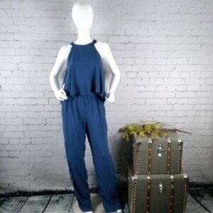 Cupcakes And Cashmere Open Back Ruffle Halter Jumpsuit Cadet Blue Size Small